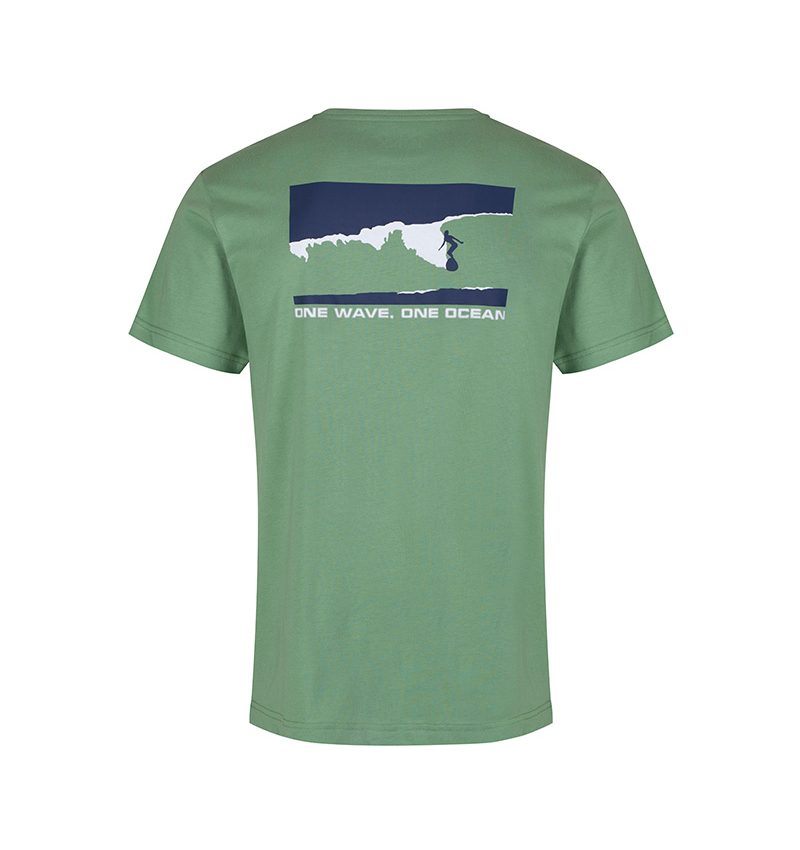 The sage green, T-shirt with the navy and white surf and spiritual graphic that says 'one wave, one ocean.'