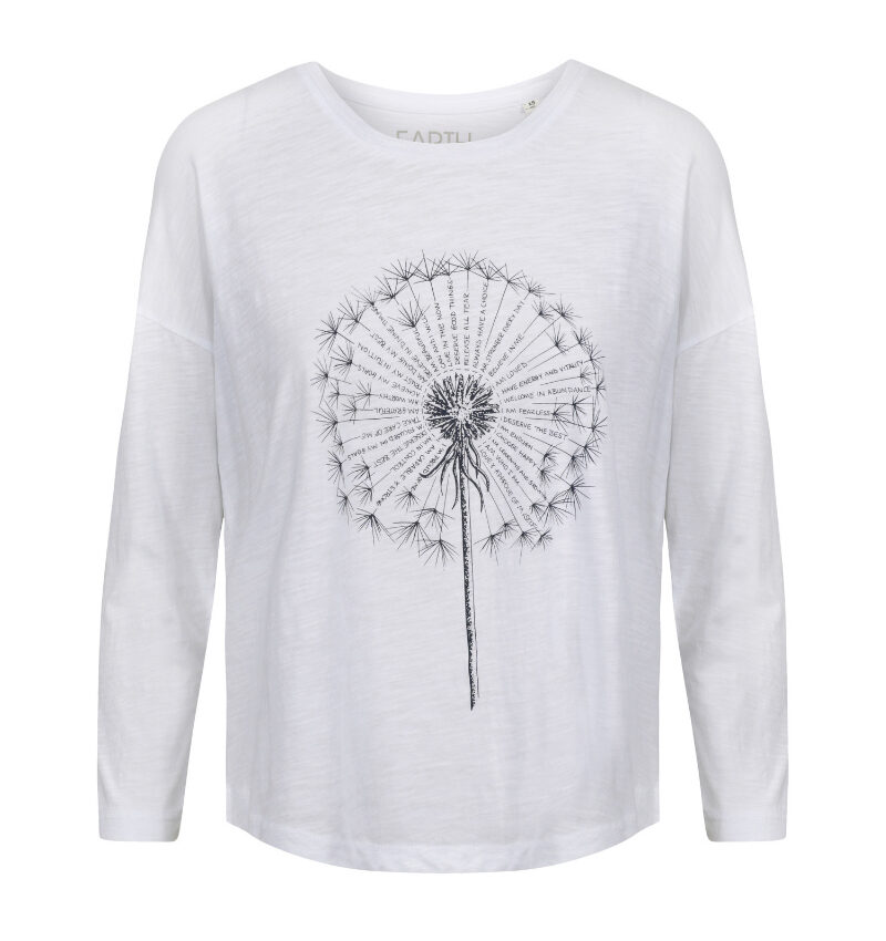 3/4 sleeve white spiritual t-shirt with a dandelion