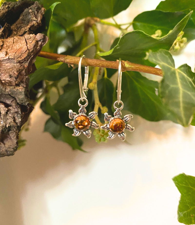 Amber and sterling silver sunburst earrings