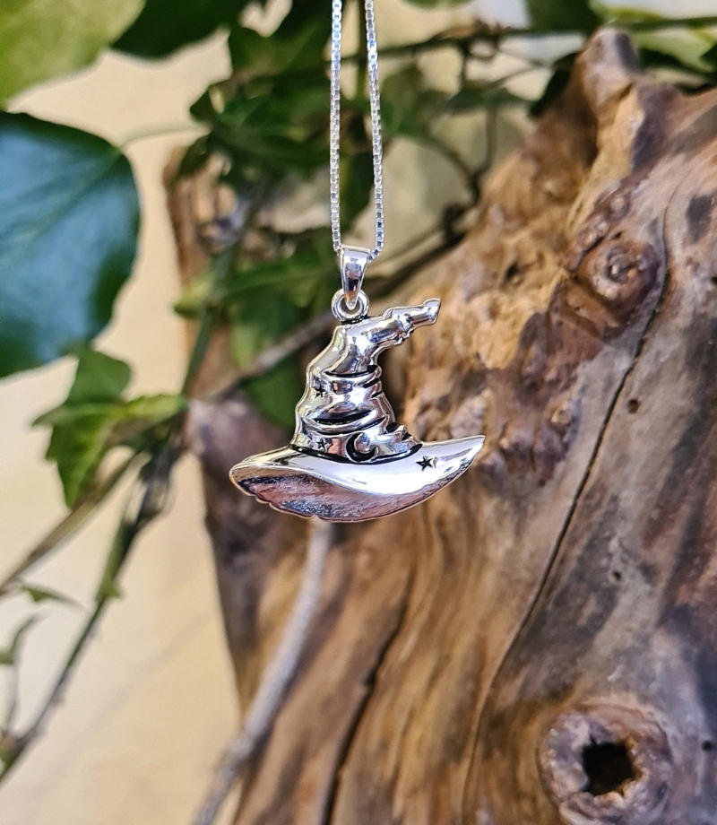 Stunning, witches hat pendant with stars and crescent moon